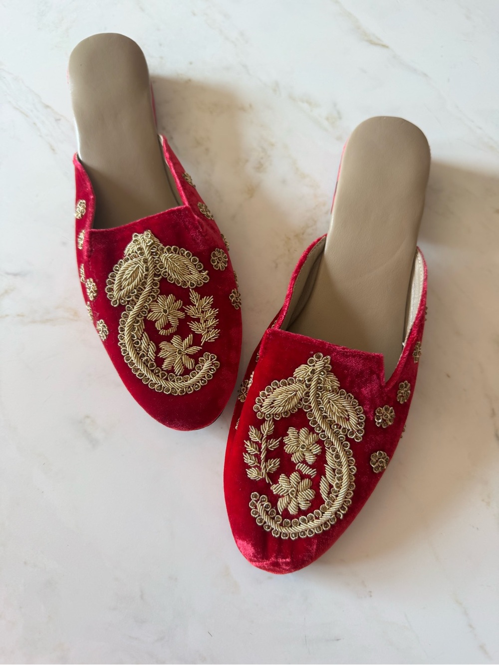 SAACHI Red Velvet Embroidered Slip-On Mules